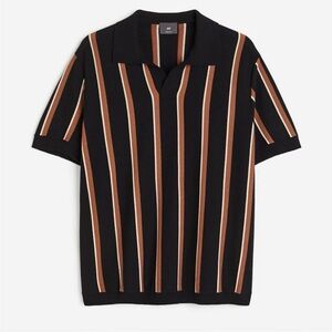 H&M Men’s Regular Fit Fine Knit Polo Shirt Sweater Black Brown Stripe Pattern M